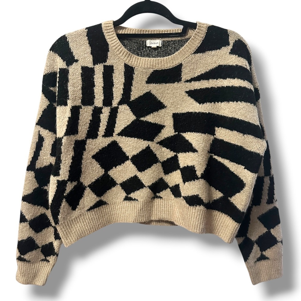 Debut Geometric Print Knit Abstract Cropped Pullover Fuzzy Sweater Tan Black M
